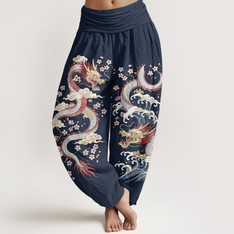 Buddha Stones Baumwoll-Haremshose mit Drachen-, Wellen- und Blütenmuster, elastischer Bund, Damen - Marine - US16, UK/AU20, EU48 (3XL) - image 0