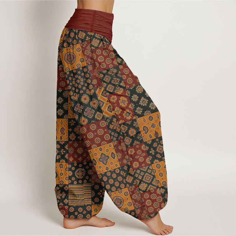 Buddha Stones Baumwoll-Haremshose mit böhmischem Patchwork-Paisley-Muster und elastischem Bund für Damen - image 1