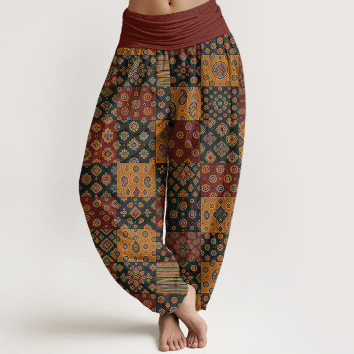 Buddha Stones Baumwoll-Haremshose mit böhmischem Patchwork-Paisley-Muster und elastischem Bund für Damen - Braun - US16, UK/AU20, EU48 (3XL) - image 0