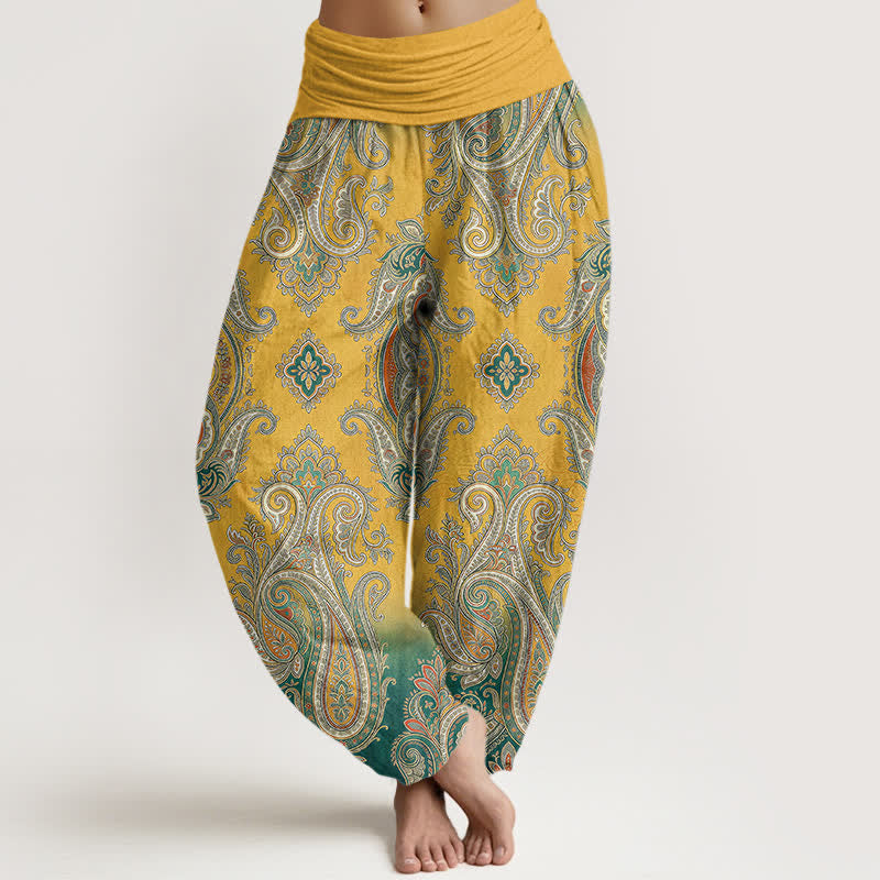 Buddha Stones Baumwoll-Haremshose mit Vintage-Paisley-Mosaikmuster und elastischem Bund für Damen - Gold - US16, UK/AU20, EU48 (3XL) - image 0
