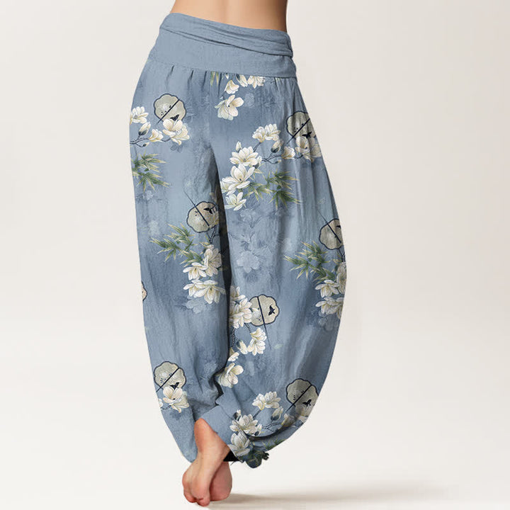Buddha Stones Cotton Fans Haremshose mit weißem Blüten- und Blattmuster, elastischer Bund, Damen - image 2