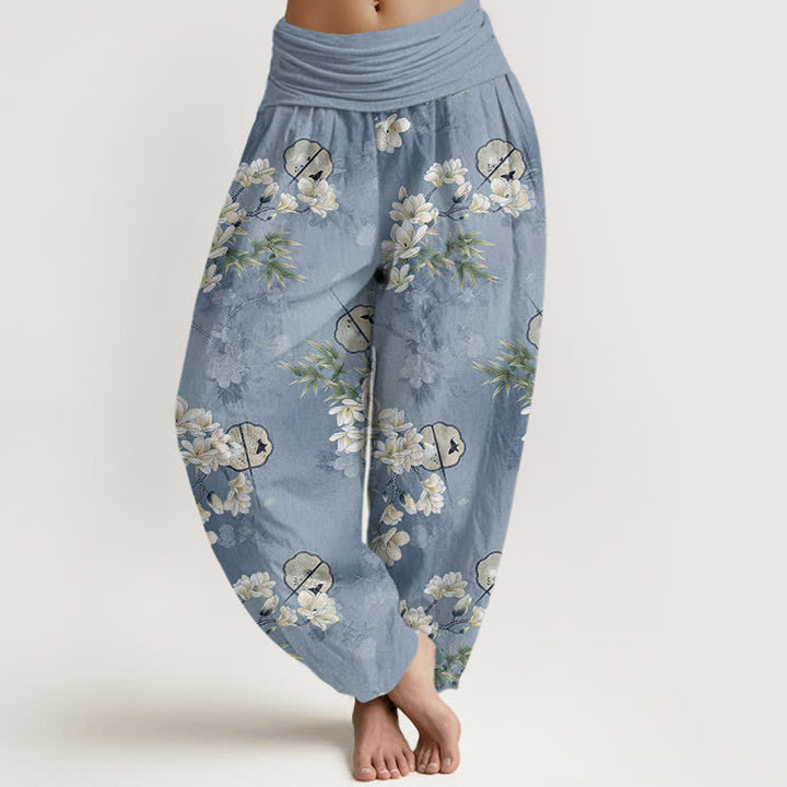 Buddha Stones Cotton Fans Haremshose mit weißem Blüten- und Blattmuster, elastischer Bund, Damen - Hellblau - US16, UK/AU20, EU48 (3XL) - image 0