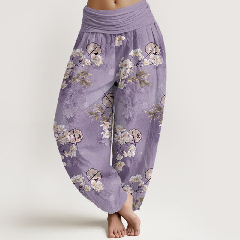 Buddha Stones Cotton Fans Haremshose mit weißem Blüten- und Blattmuster, elastischer Bund, Damen - Mittelviolett - US16, UK/AU20, EU48 (3XL) - image 5