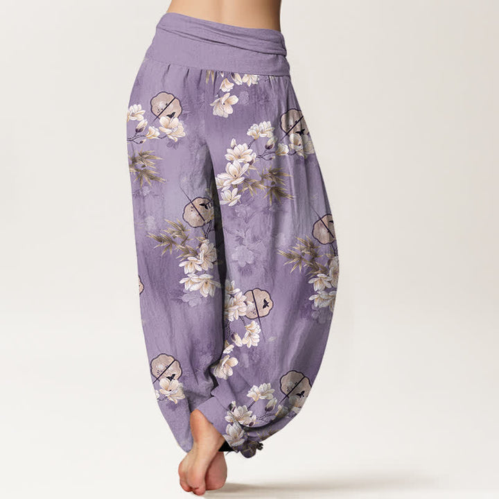Buddha Stones Cotton Fans Haremshose mit weißem Blüten- und Blattmuster, elastischer Bund, Damen - image 7