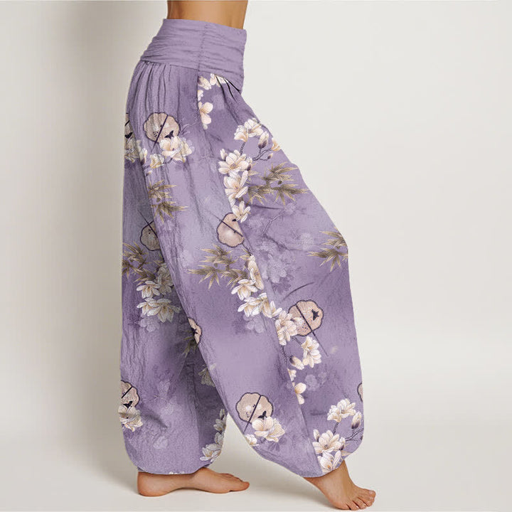 Buddha Stones Cotton Fans Haremshose mit weißem Blüten- und Blattmuster, elastischer Bund, Damen - image 6