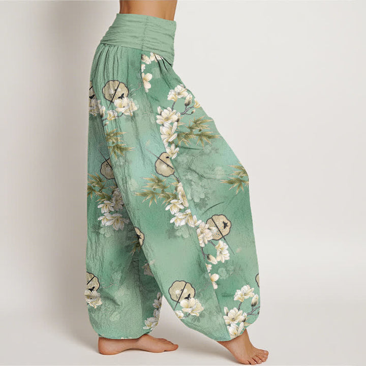 Buddha Stones Cotton Fans Haremshose mit weißem Blüten- und Blattmuster, elastischer Bund, Damen - image 9
