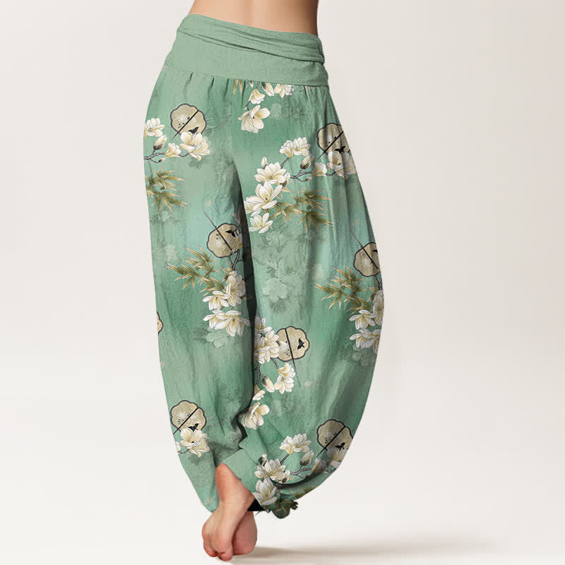 Buddha Stones Cotton Fans Haremshose mit weißem Blüten- und Blattmuster, elastischer Bund, Damen - image 10