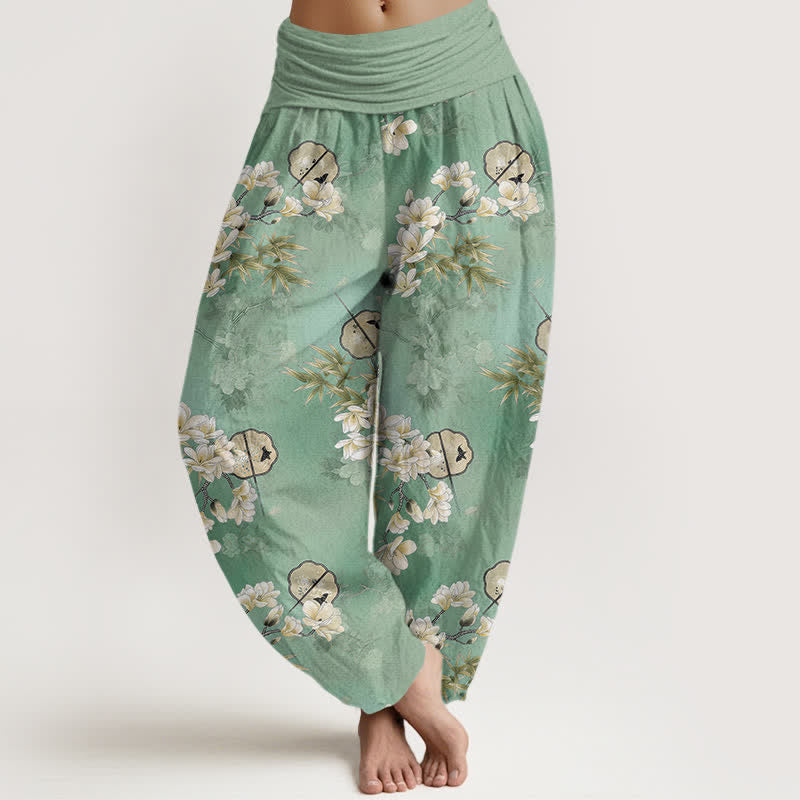 Buddha Stones Cotton Fans Haremshose mit weißem Blüten- und Blattmuster, elastischer Bund, Damen - Aquamarin - US16, UK/AU20, EU48 (3XL) - image 8