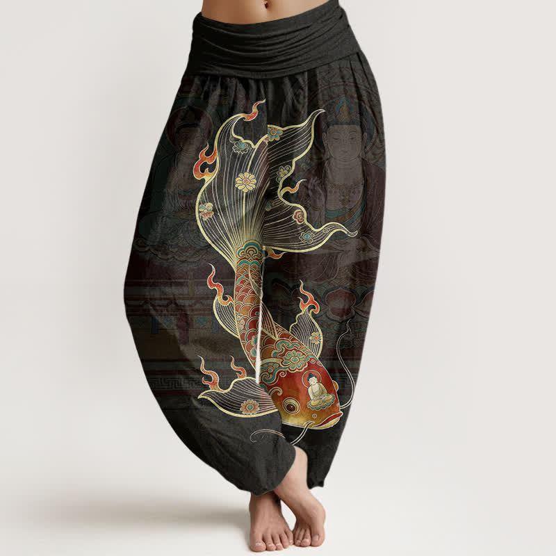Buddha Stones Baumwoll-Haremshose mit Koi-Fisch-Guanyin-Muster und elastischem Bund für Damen - Schwarz - US16, UK/AU20, EU48 (3XL) - image 0