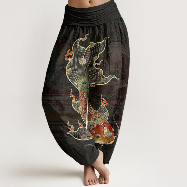 Buddha Stones Baumwoll-Haremshose mit Koi-Fisch-Guanyin-Muster und elastischem Bund für Damen - Schwarz - US16, UK/AU20, EU48 (3XL) - image 0