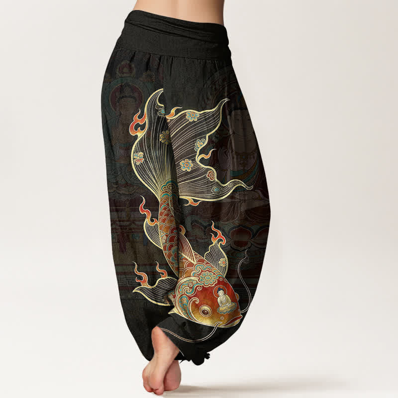 Buddha Stones Baumwoll-Haremshose mit Koi-Fisch-Guanyin-Muster und elastischem Bund für Damen - image 1