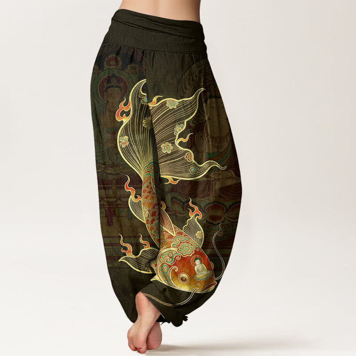 Buddha Stones Baumwoll-Haremshose mit Koi-Fisch-Guanyin-Muster und elastischem Bund für Damen - image 7