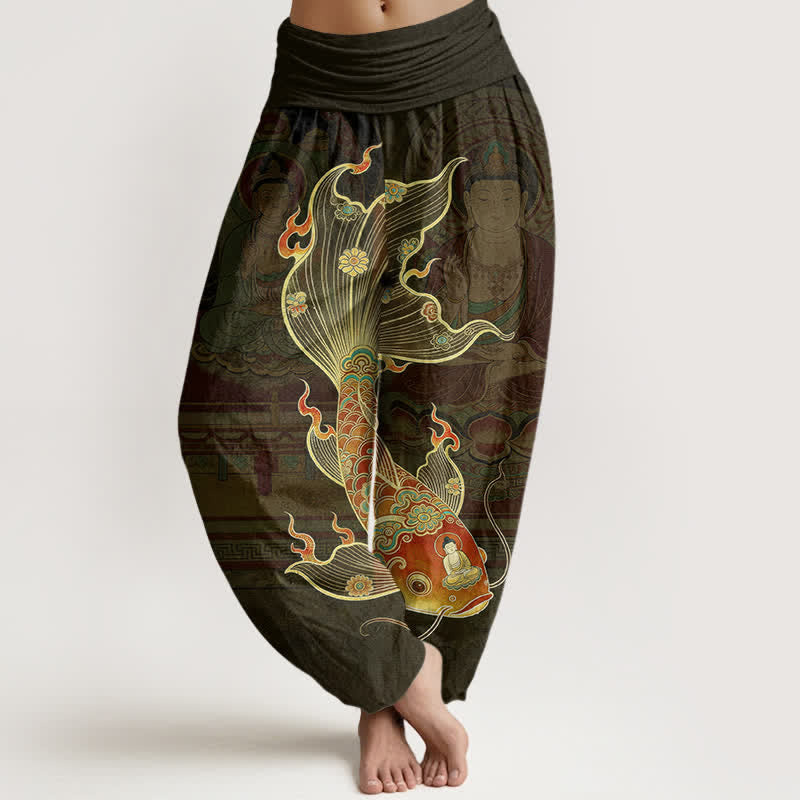 Buddha Stones Baumwoll-Haremshose mit Koi-Fisch-Guanyin-Muster und elastischem Bund für Damen - Olive - US16, UK/AU20, EU48 (3XL) - image 5