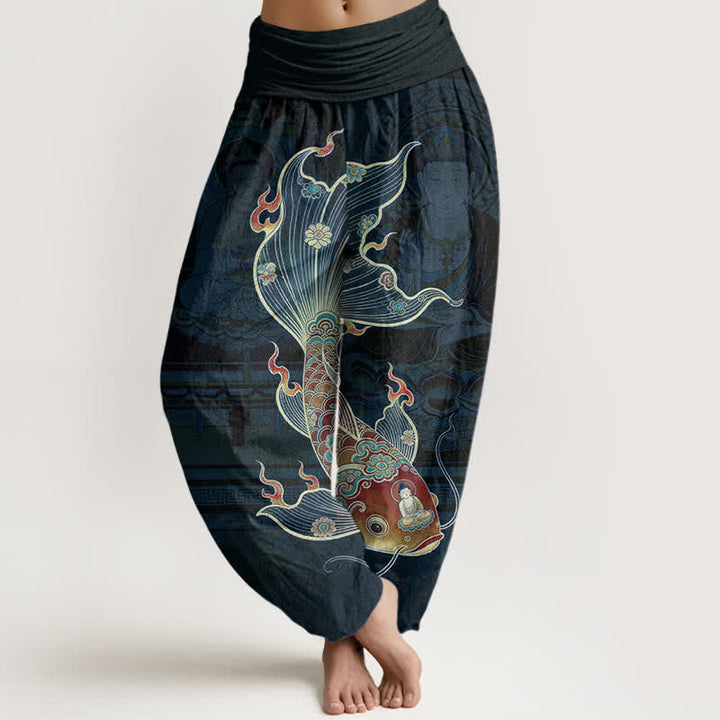 Buddha Stones Baumwoll-Haremshose mit Koi-Fisch-Guanyin-Muster und elastischem Bund für Damen - Marine - US16, UK/AU20, EU48 (3XL) - image 8