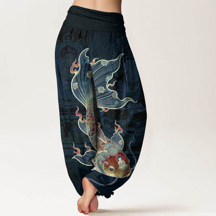 Buddha Stones Baumwoll-Haremshose mit Koi-Fisch-Guanyin-Muster und elastischem Bund für Damen - image 10
