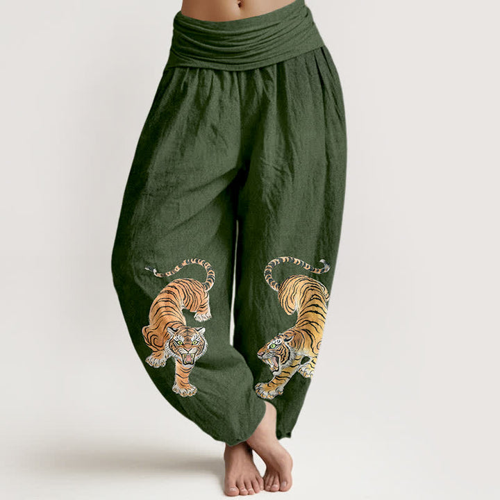 Buddha Stones Baumwoll-Haremshose mit majestätischem Tigermuster und elastischem Bund für Damen - Waldgrün - US16, UK/AU20, EU48 (3XL) - image 0