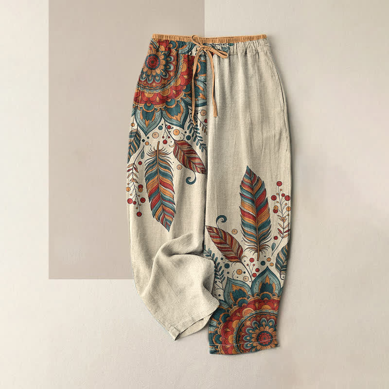 Buddha Stones Elegante Damenhose aus reiner Baumwolle mit floralem Boho-Muster, elastischem Bund und Taschen - Rot - US16, UK/AU20, EU48 (3XL) - image 0