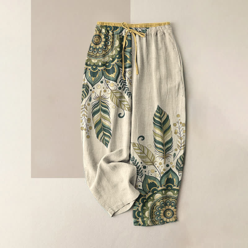 Buddha Stones Elegante Damenhose aus reiner Baumwolle mit floralem Boho-Muster, elastischem Bund und Taschen - Grün - US16, UK/AU20, EU48 (3XL) - image 3