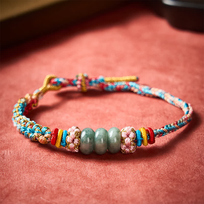Buddha Stones Handgewebtes, mehrfarbiges Glücksseilarmband aus Pfirsichblüten-Jade - image 1