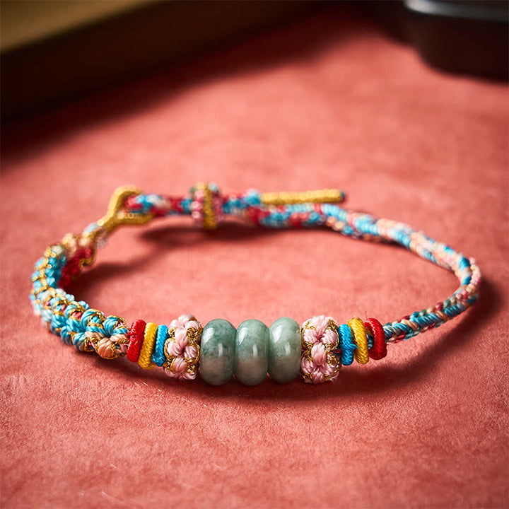 Buddha Stones Handgewebtes, mehrfarbiges Glücksseilarmband aus Pfirsichblüten-Jade - image 1