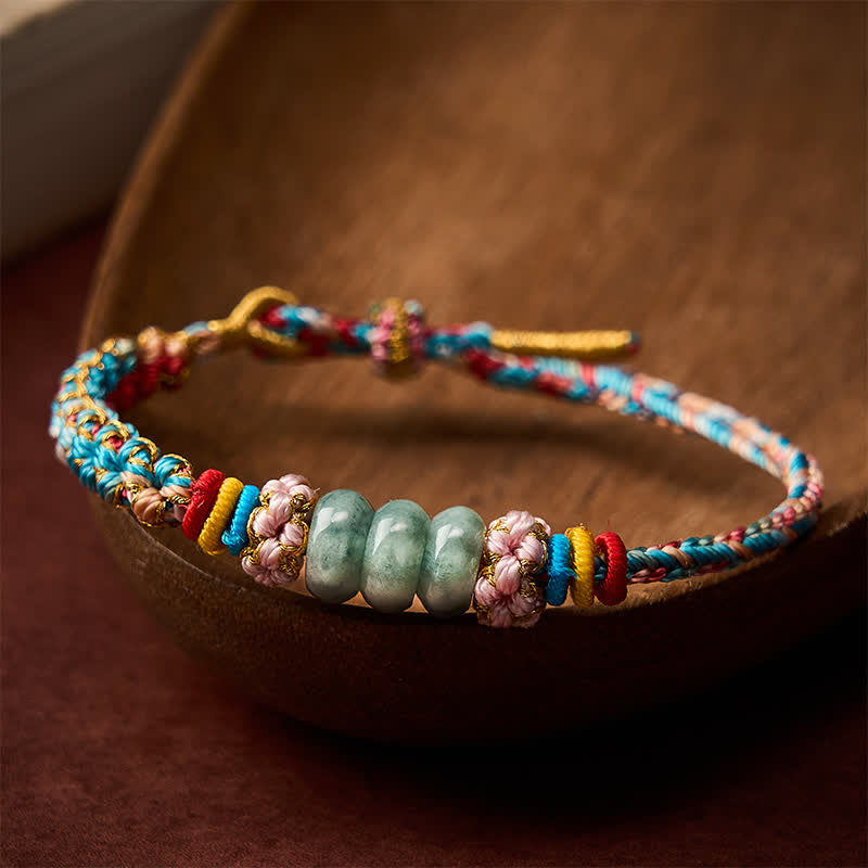 Buddha Stones Handgewebtes, mehrfarbiges Glücksseilarmband aus Pfirsichblüten-Jade - image 3