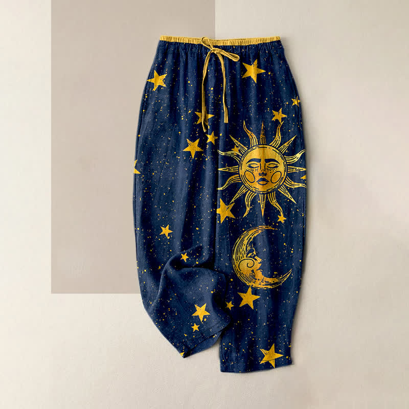 Buddha Stones Damenhose aus reiner Baumwolle mit mystischem Mond- und Sonnenmuster, elastischem Bund und Taschen - Marine - US16, UK/AU20, EU48 (3XL) - image 0