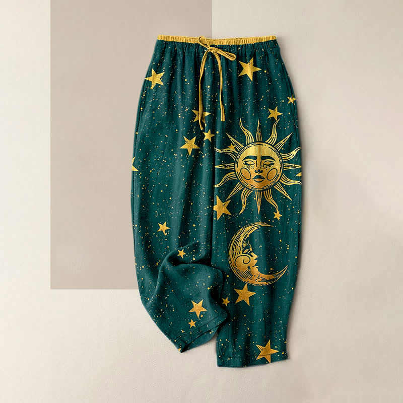 Buddha Stones Damenhose aus reiner Baumwolle mit mystischem Mond- und Sonnenmuster, elastischem Bund und Taschen - Türkis - US16, UK/AU20, EU48 (3XL) - image 4
