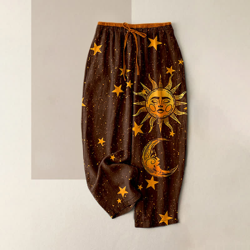 Buddha Stones Damenhose aus reiner Baumwolle mit mystischem Mond- und Sonnenmuster, elastischem Bund und Taschen - Sattelbraun - US16, UK/AU20, EU48 (3XL) - image 5