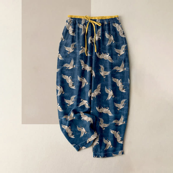 Buddha Stones Damenhose aus reiner Baumwolle mit elegantem Kranichmuster, elastischem Bund und Taschen - Marine - US16, UK/AU20, EU48 (3XL) - image 0