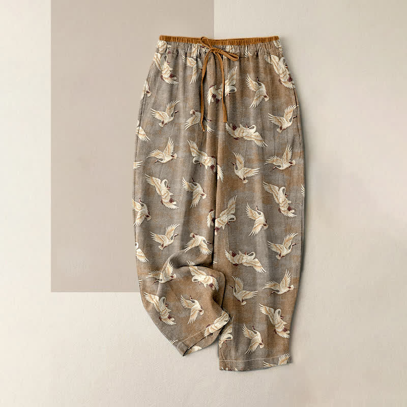 Buddha Stones Damenhose aus reiner Baumwolle mit elegantem Kranichmuster, elastischem Bund und Taschen - Bräunen - US16, UK/AU20, EU48 (3XL) - image 3