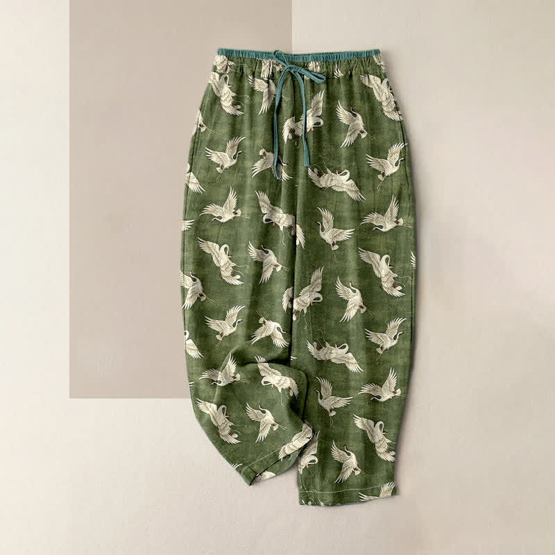 Buddha Stones Damenhose aus reiner Baumwolle mit elegantem Kranichmuster, elastischem Bund und Taschen - Olivgrün - US16, UK/AU20, EU48 (3XL) - image 4
