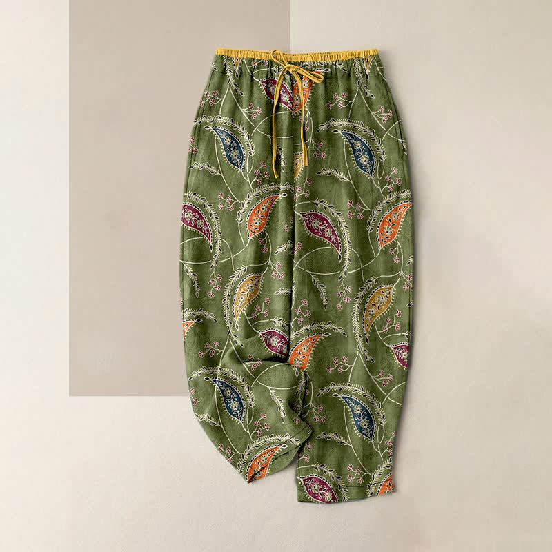 Buddha Stones Damenhose aus reiner Baumwolle mit ethnischem Blumen-Paisley-Muster, elastischem Bund und Taschen - Olivgrün - US16, UK/AU20, EU48 (3XL) - image 0