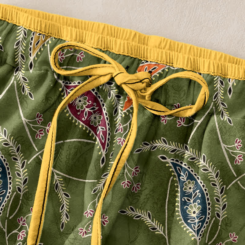 Buddha Stones Damenhose aus reiner Baumwolle mit ethnischem Blumen-Paisley-Muster, elastischem Bund und Taschen - image 1