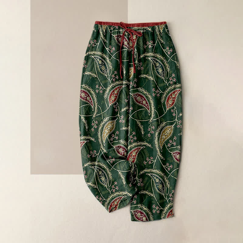Buddha Stones Damenhose aus reiner Baumwolle mit ethnischem Blumen-Paisley-Muster, elastischem Bund und Taschen - Dunkelgrün - US16, UK/AU20, EU48 (3XL) - image 4