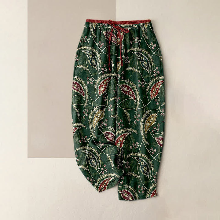 Buddha Stones Damenhose aus reiner Baumwolle mit ethnischem Blumen-Paisley-Muster, elastischem Bund und Taschen - Dunkelgrün - US16, UK/AU20, EU48 (3XL) - image 4