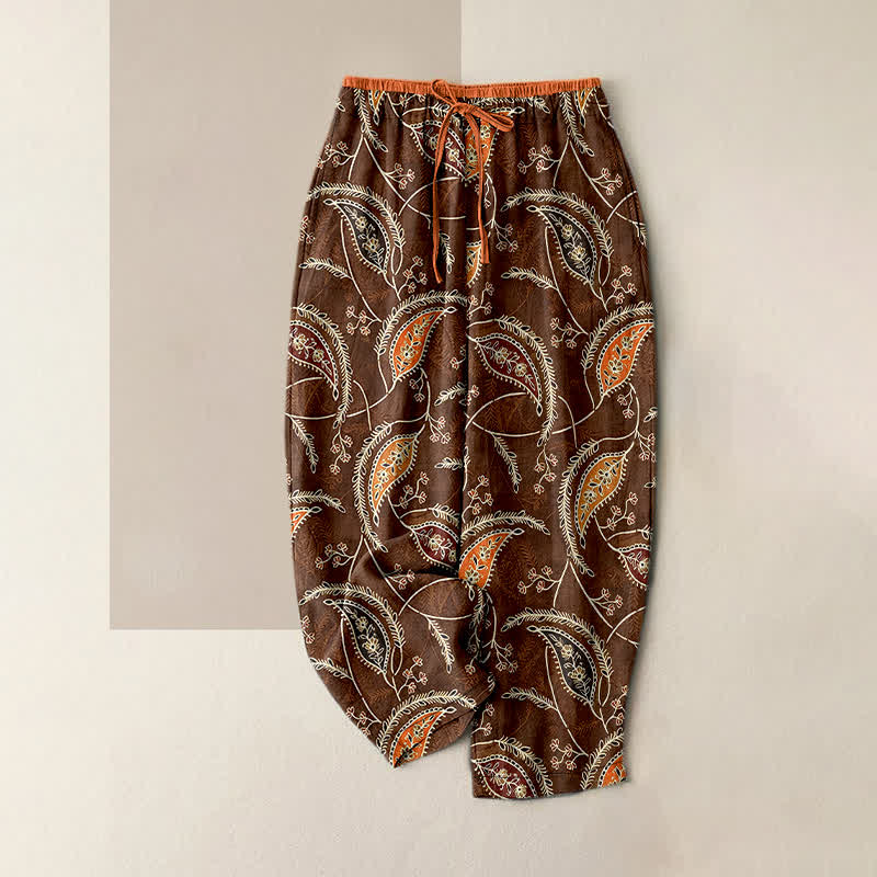 Buddha Stones Damenhose aus reiner Baumwolle mit ethnischem Blumen-Paisley-Muster, elastischem Bund und Taschen - Sattelbraun - US16, UK/AU20, EU48 (3XL) - image 5