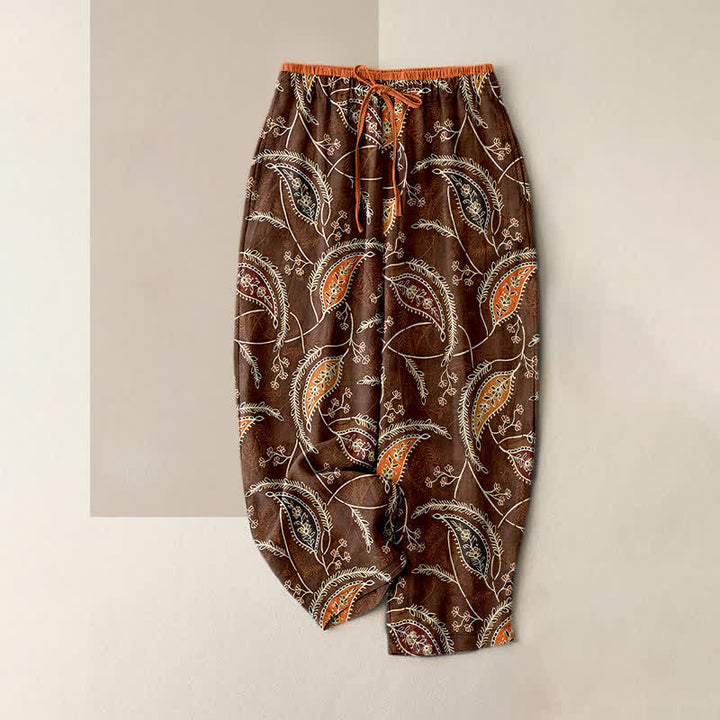 Buddha Stones Damenhose aus reiner Baumwolle mit ethnischem Blumen-Paisley-Muster, elastischem Bund und Taschen - Sattelbraun - US16, UK/AU20, EU48 (3XL) - image 5