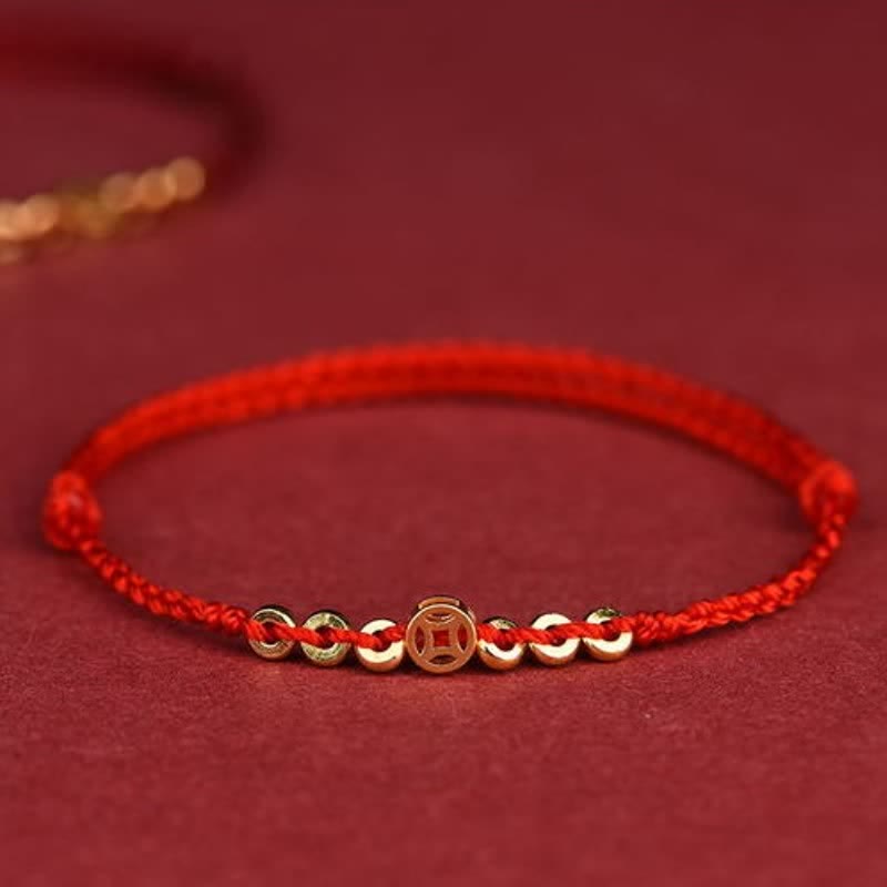 Buddha Stones Geflochtenes rotes Armband mit runder chinesischer Münze als Glücksbringer - Rot (Handgelenkumfang: 16–19 cm) - image 0