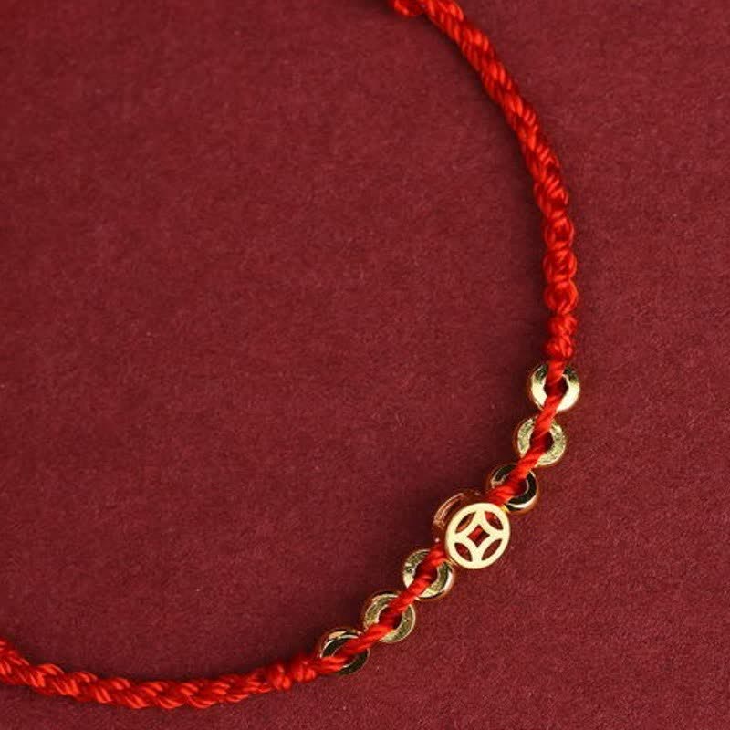Buddha Stones Geflochtenes rotes Armband mit runder chinesischer Münze als Glücksbringer - image 2