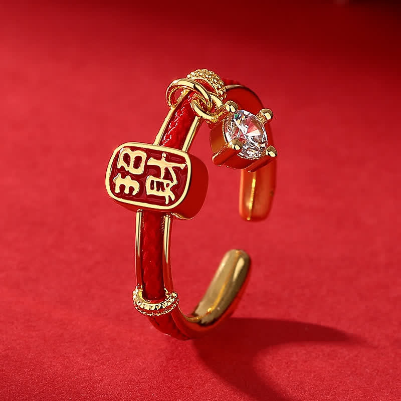 Buddha Stones Kupferlegierungsring mit roter Schnur – Glücksbringer und Reichtumssymbol - Goldring - US8 - image 0