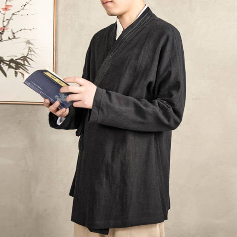 Buddha Stones Herbstlicher Tang-Stil Vintage-Kimonos aus einfarbigem Ramie mit Kordelzug für Herren - image 14