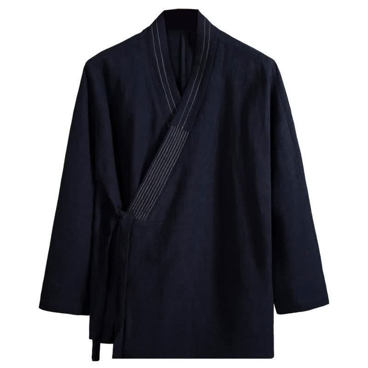 Buddha Stones Herbstlicher Tang-Stil Vintage-Kimonos aus einfarbigem Ramie mit Kordelzug für Herren - image 3