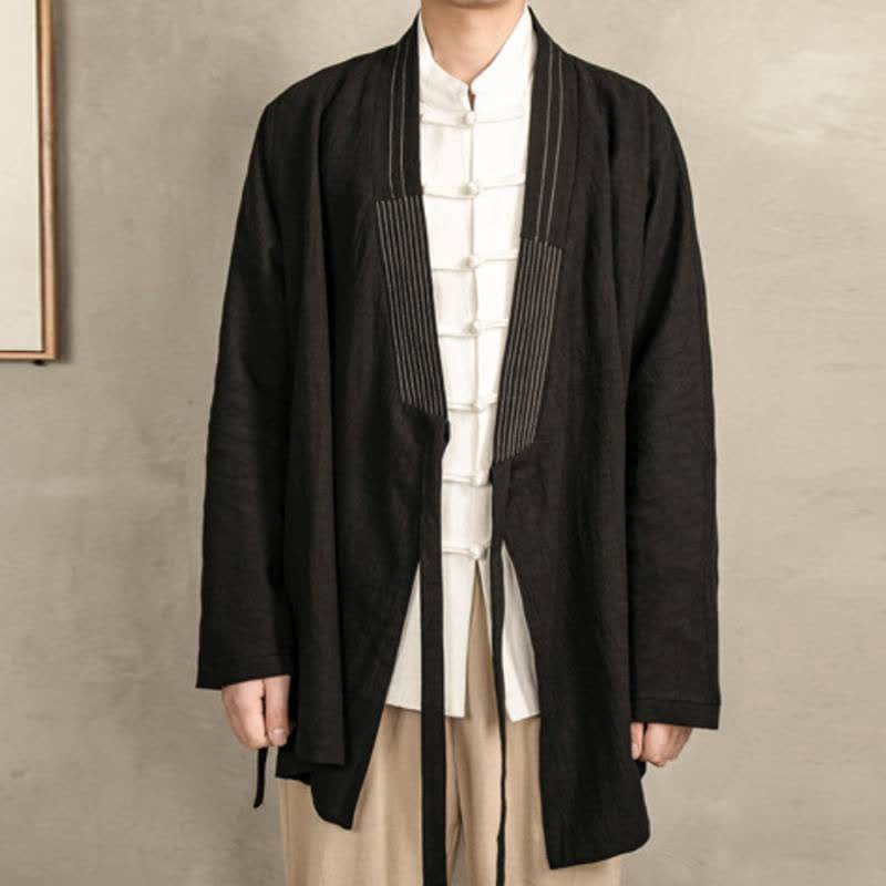 Buddha Stones Herbstlicher Tang-Stil Vintage-Kimonos aus einfarbigem Ramie mit Kordelzug für Herren - image 13