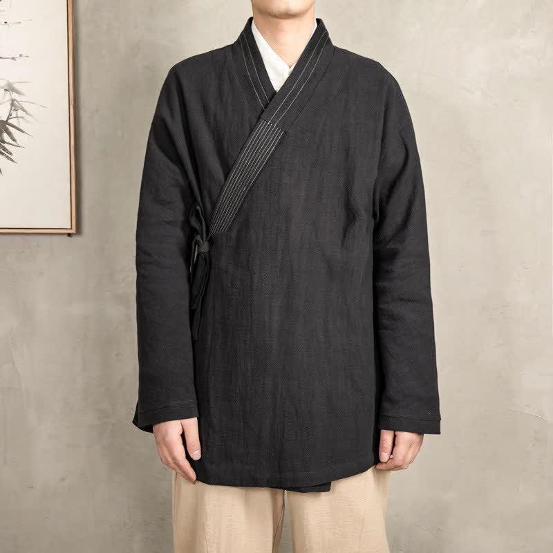 Buddha Stones Herbstlicher Tang-Stil Vintage-Kimonos aus einfarbigem Ramie mit Kordelzug für Herren - image 11