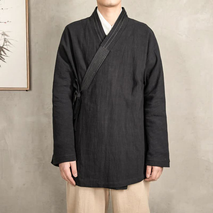 Buddha Stones Herbstlicher Tang-Stil Vintage-Kimonos aus einfarbigem Ramie mit Kordelzug für Herren - image 11