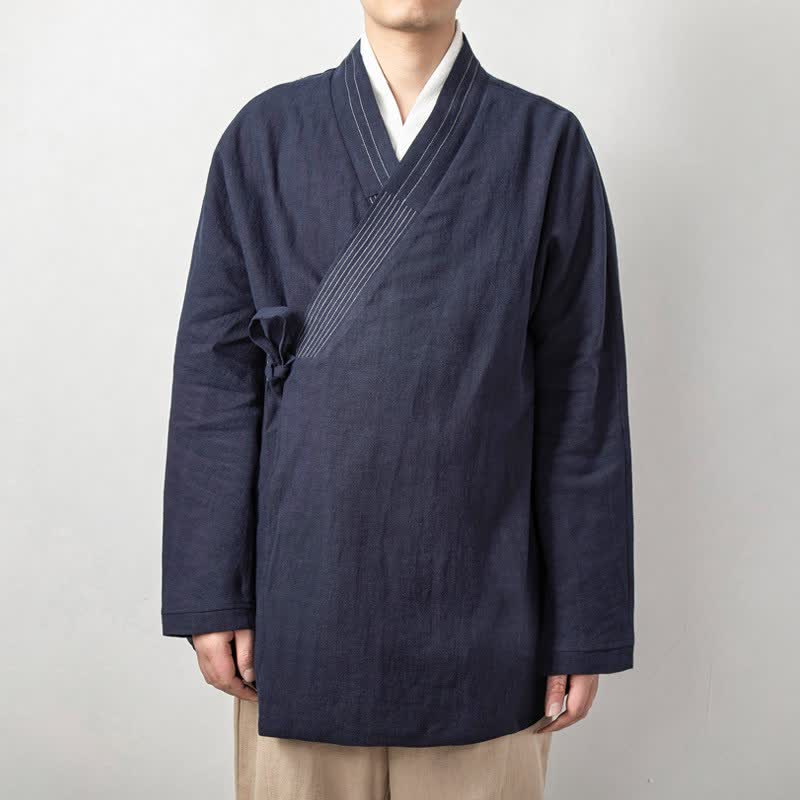 Buddha Stones Herbstlicher Tang-Stil Vintage-Kimonos aus einfarbigem Ramie mit Kordelzug für Herren - Marine - US/UK/AU44, EU54 (4XL) - image 1