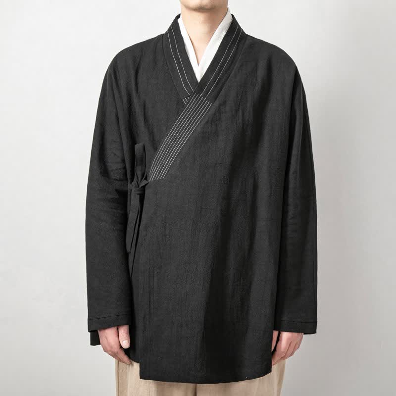 Buddha Stones Herbstlicher Tang-Stil Vintage-Kimonos aus einfarbigem Ramie mit Kordelzug für Herren - image 10