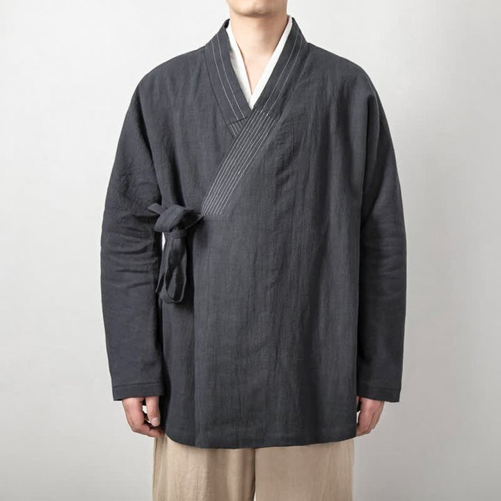Buddha Stones Herbstlicher Tang-Stil Vintage-Kimonos aus einfarbigem Ramie mit Kordelzug für Herren - Hellschiefergrau - US/UK/AU44, EU54 (4XL) - image 0
