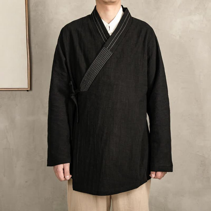 Buddha Stones Herbstlicher Tang-Stil Vintage-Kimonos aus einfarbigem Ramie mit Kordelzug für Herren - image 12