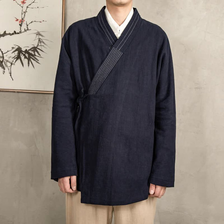 Buddha Stones Herbstlicher Tang-Stil Vintage-Kimonos aus einfarbigem Ramie mit Kordelzug für Herren - Schwarz - US/UK/AU44, EU54 (4XL) - image 2